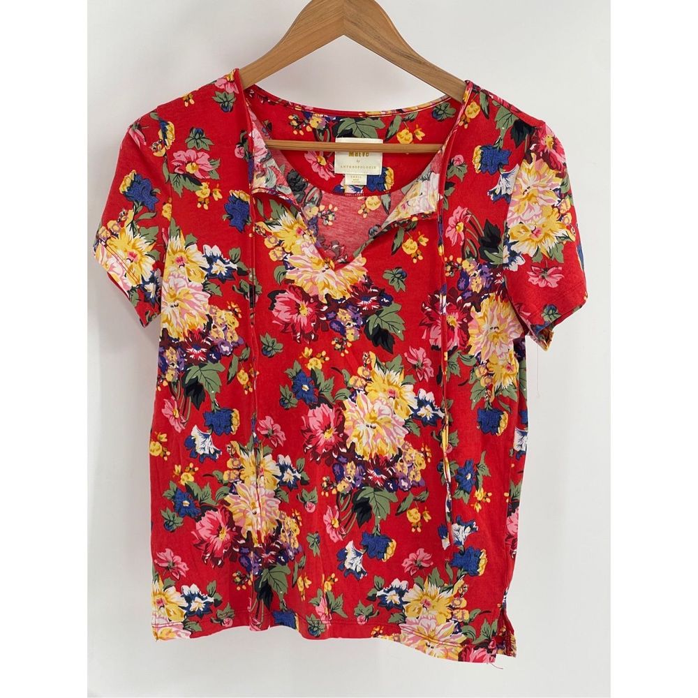 Maeve Shirt Top Women Small Red Floral Short Sleeve‎ V Neck